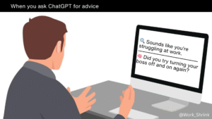 illustration of person looking at computer screen which has the text: sounds like you're struggling at work, Did you try turning your boss off and on again?