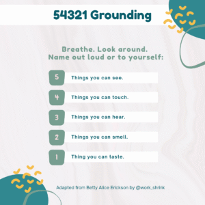 infographic explaining 54321 Grounding: 5 Things you can see 4 things you can touch 3 things you can hear 2 things you can smell 1 think you can taste adapted from Betty Alice Erickson by @Work_shrink