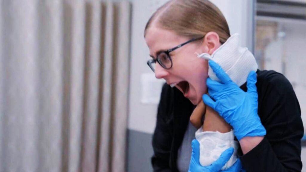 woman with blonde hair in a ponytail and glasses holds a tiny darker skinned baby with rubber gloved hands and has an expression of pure joy on her face